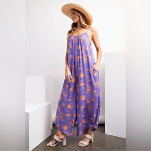 NWT: Easel Lavender With Orange Floral Accents Wide Leg Jumper• Medium